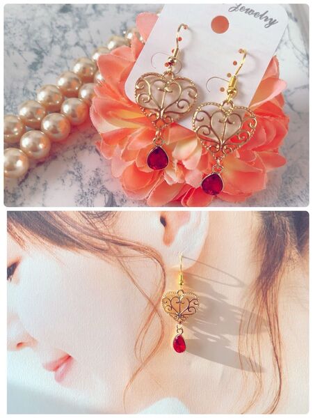 ハンドメイドピアス☆アンティークハート×キラキラレッドガラスチャームピアス☆赤 ハンドメイド