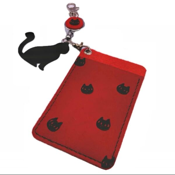 本革 牛革 リールパスケース 両面ポケット カードケース ねこ 猫 ハンドメイド 定期入れ パスケース 黒猫 ねこ 猫 リール