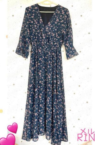 シフォンワンピース 花柄 ネイビー ロング Vネック七分袖ロングワンピース
