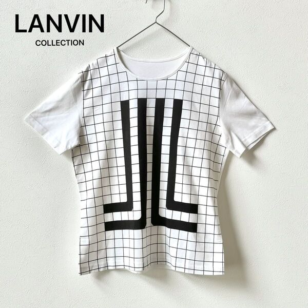 売り切り赤字価格【LANVIN】ロゴ&チェックTシャツ カットソー 婦人服 38 Lサイズ 半袖 ホワイト 白 プリント 美品
