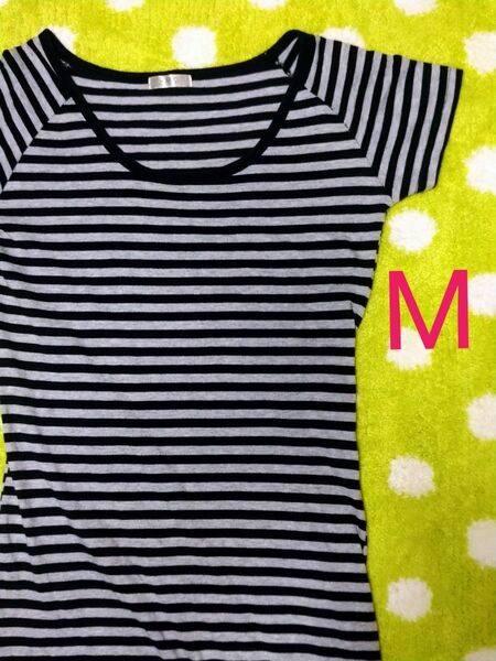 半袖ボーダー ロングワンピース Mサイズ ブラック グレー系 ワンピース