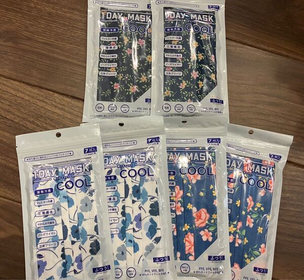 新品 マスク 不織布 花柄 ブルー系 ふつうサイズ 7枚入 6袋 立体プリーツ