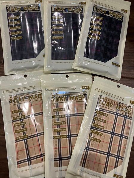 新品 マスク 不織布 ふつうサイズ 7枚入 6袋 チェック柄 立体プリーツ