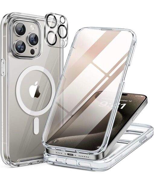 iPhone15pro用ケース MagSafe対応 9H強化ガラス 360°保護