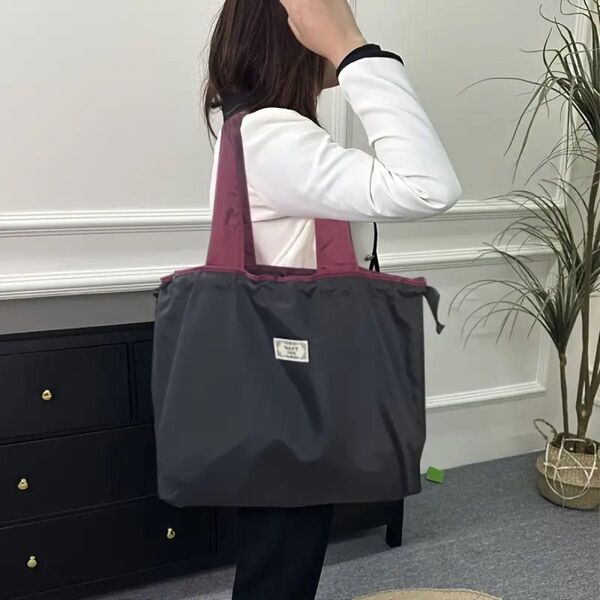 【新品】エコバック 無地黒 巾着袋 買い物バッグ 手提げ肩掛け 折りたたみ式