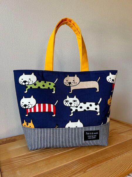 トートバッグ ハンドメイド BIG猫ちゃん ネイビーー