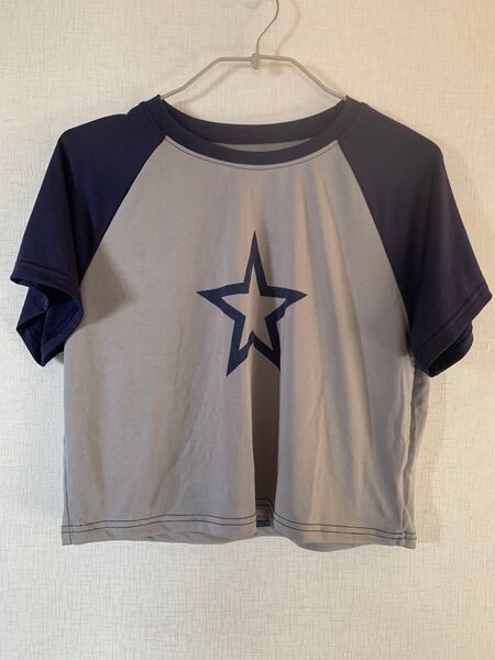 グレー ネイビー 星プリント Tシャツ XL