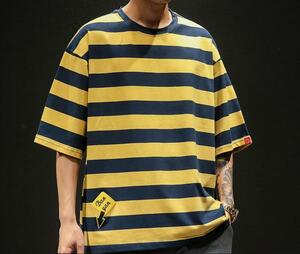 【新品】 XL Ｔ シャツ メンズ 薄手 カジュアル 若い 着心地良い ストライプ 半袖 丸首 ゆったり ロゴ付き ブラック＆イエロー 阪神