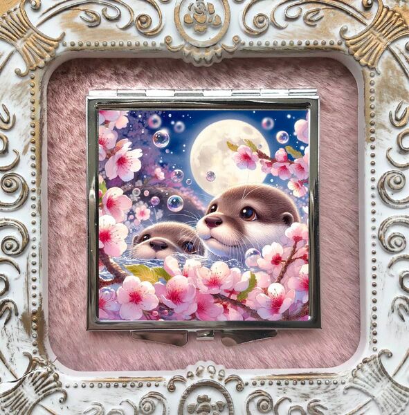 35 ハンドメイド レジン コンパクトミラー 鏡 コツメカワウソ カワウソ 桜 月夜