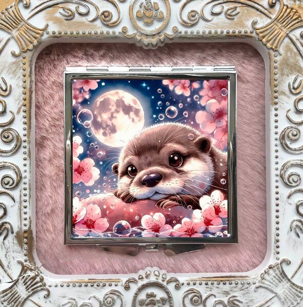 36 ハンドメイド レジン コンパクトミラー 鏡 コツメカワウソ カワウソ 桜 月夜