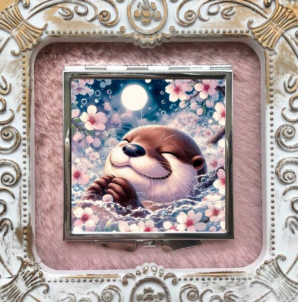 37 ハンドメイド レジン コンパクトミラー 鏡 コツメカワウソ カワウソ 桜 月夜