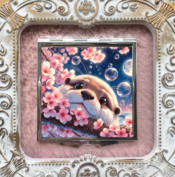 38 ハンドメイド レジン コンパクトミラー 鏡 コツメカワウソ カワウソ 桜 月夜