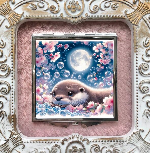 39 ハンドメイド レジン コンパクトミラー 鏡 コツメカワウソ カワウソ 月夜 桜