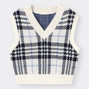 【美品】GU チェックニットベストYG+X OFF WHITE XL