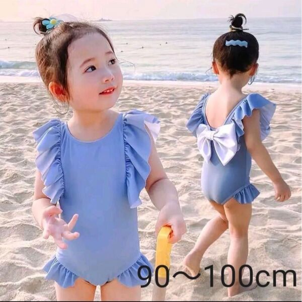 水着 キッズ 女の子 ワンピース スイムウェア プール リボン フリル ブルー旅行 海