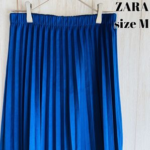 【USED】ZARA ザラ / フェイクスエード プリーツ ひざ丈 スカート ウエストゴム 青 ブルー
