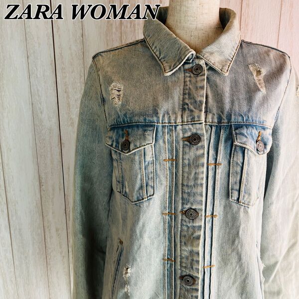【USED】ザラウーマン ZARA WOMAN デニムジャケット ダメージ加工 Gジャン ライトブルー