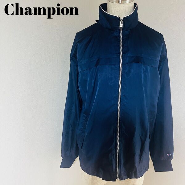 【USED】チャンピオン Champion ウインドブレーカー フード付 ナイロンジャケット スポーツ トレーニング ネイビー