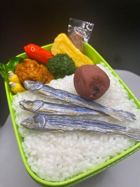 食品サンプル お弁当+梅干しとめざしとスルメとイカ追加