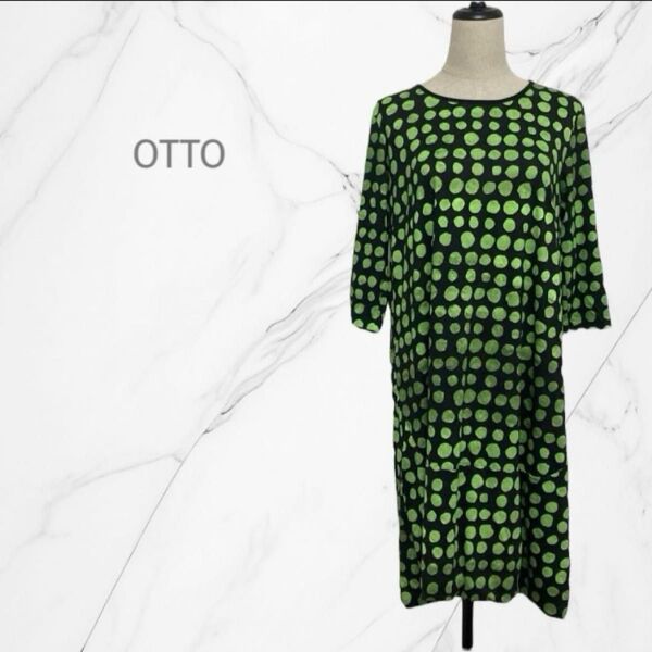 「OTTO オットー」ドット柄バルーンワンピース【M-L相当】七分袖 個性的 体型カバー プルオーバー ひざ丈 総柄 グリーン