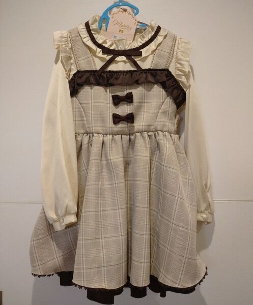 【新品】マジョリカ メイド風ワンピース リボン エプロン風 チェック ハロウィン 長袖 女の子 キッズ