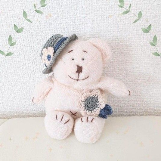 【ぬいぐるみ用】麦わら帽子とお花のバッグ(グリーン) 長さ調節可*ハンドメイド*