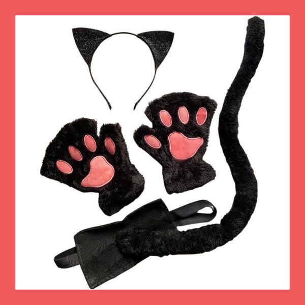 【黒猫3点セット】猫耳 カチューシャ 猫 コスプレ 尻尾 肉球手袋 キラキラ猫耳