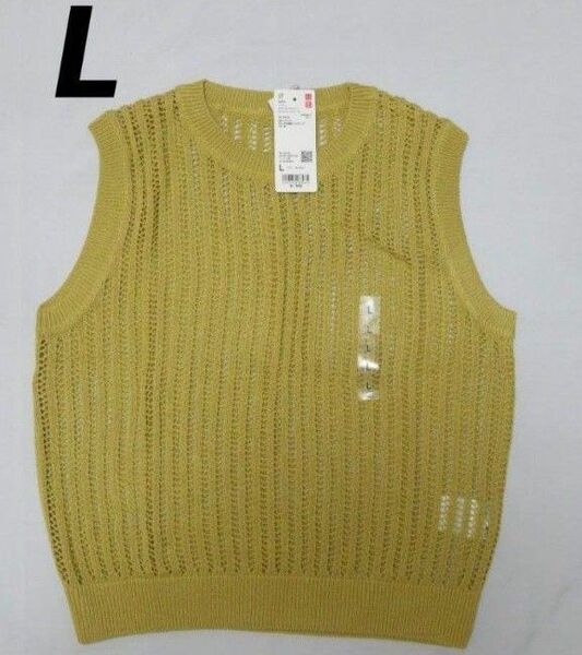 メッシュクルーネックショートセーター/ノースリーブ ユニクロ イエローL