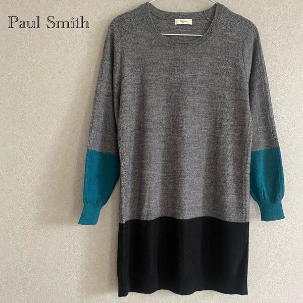 美品 Paul Smith ポールスミス ひざ丈ワンピース 薄手ニット 青グレー ウール アクリル M 長袖 トリコロール