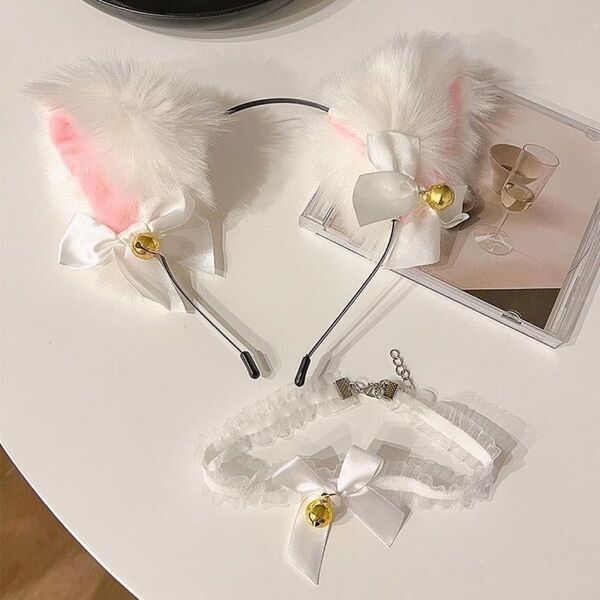 限定 猫耳カチューシャ チョーカーセット 白 可愛い オシャレ コスプレ ハロウィン ヘアアクセサリー ふわふわ