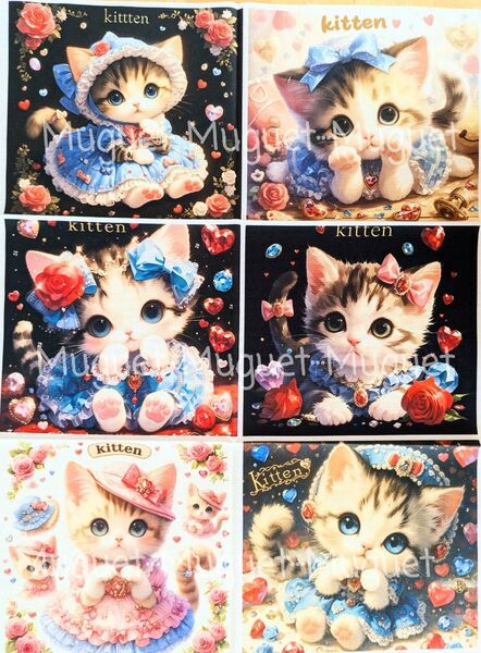 可愛いパネル生地6枚セット-50 ポーチ バッグ 巾着 小物類 ねこ柄 いぬ柄うさぎ柄 少女柄 など