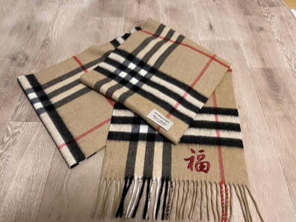 BURBERRY バーバリー マフラー カシミア100% キャメル 未使用に近い 刺繍有 送料無料!!