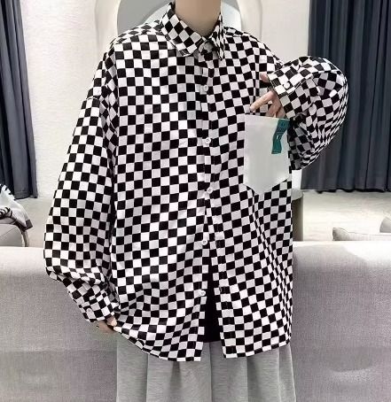 人気商品!チェック柄 長袖シャツ 白黒 薄手 ゆったり ストリート2XL