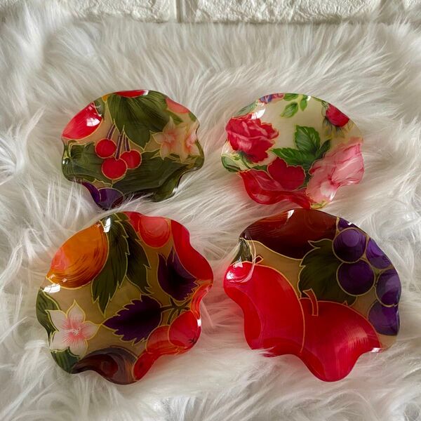昭和レトロフルーツ お花 プラスチック小皿 4点セット