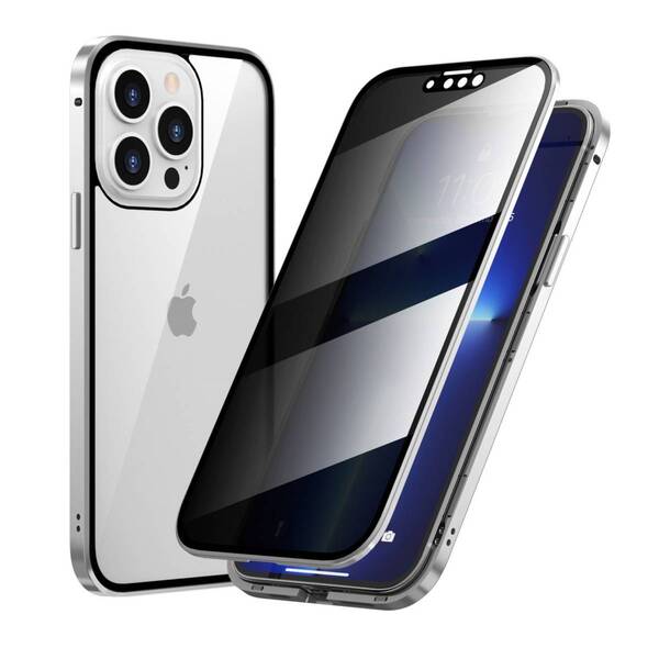 iPhone 13Pro シルバー 覗き見防止 両面強化ガラス 全面保護 アルミ金属 磁気吸着 耐衝撃 iPhone 11 12 13 14 15 Pro max mini Plus ケース