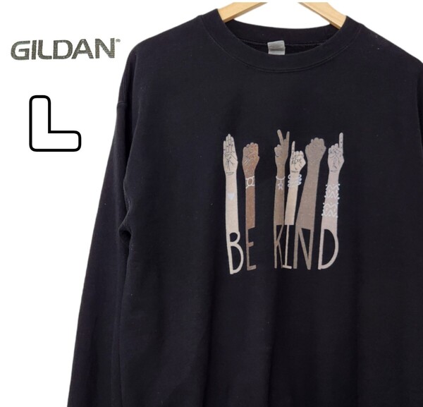 GILDAN スウェット トレーナー ビッグプリント グッドプリント 黒 ブラック 腕 裏起毛 古着 L