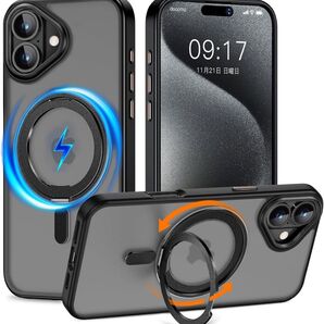 iPhone 16Plus 専用(6.7インチ) カバー 360°回転スタンド ワイヤレス充電対応 (半透明ブラック)