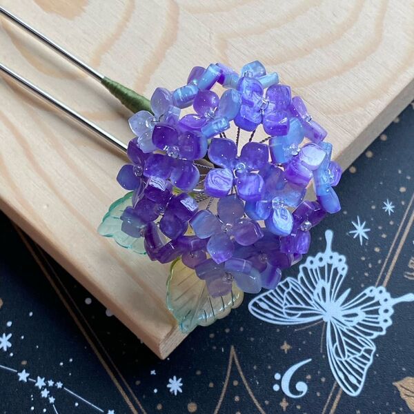 【金具変更再販】紫陽花のかんざし 星空のグラデーション紫色