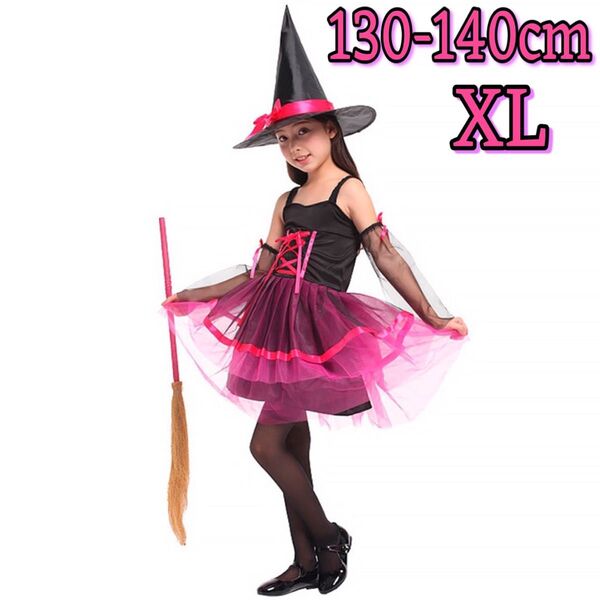 即日発送 XL ハロウィン 魔女 ピンク コスプレ 3点セット 女の子 130 140 ワンピース