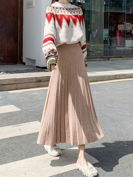 スカート ミモレ丈 プリーツ 無地 シンプル ハイウエスト 秋冬 ニット 厚手 秋 冬 お出かけ デート ショッピング 通勤