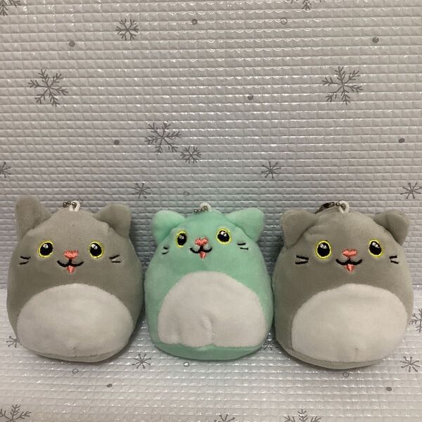 アニマル キーチェーン パステルキャット グレー2 グリーン1 3点 もふもふ もちもち 9cm