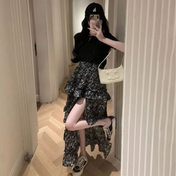 断捨離| 花柄フリルスリットスカート ミモレ丈フリルスカート フラワースカート ロングスカート ブラック