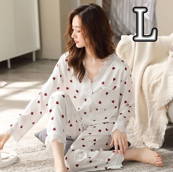 残り3点【L/ホワイト】大人 セクシー レース ハート パジャマ さらさら生地 おしゃれ 韓国 ルームウエア 可愛い 白