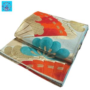 六通柄袋帯 扇子花紋様 金糸 ゴールド&レッド 振袖 訪問着 礼装 フォーマル