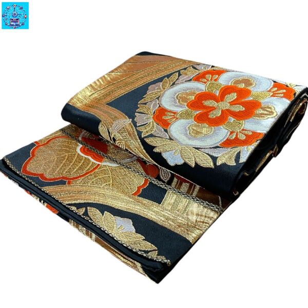 【美品】 六通柄袋帯 草花雪輪紋様 金糸ブラック系 振袖 訪問着 色留袖 黒留袖