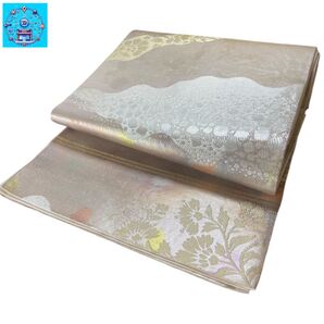 【美品】 六通柄袋帯 雲取り花模様 金銀糸 シルバー系 黒留袖 色留袖 訪問着