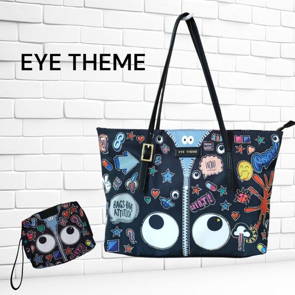 EYE THEME カラフル トートバック ショルダーバック ミニポーチ付き ポップ柄 A4サイズ 2点セット
