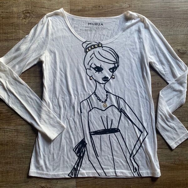 MURUA イラスト付き長袖Tシャツ パール