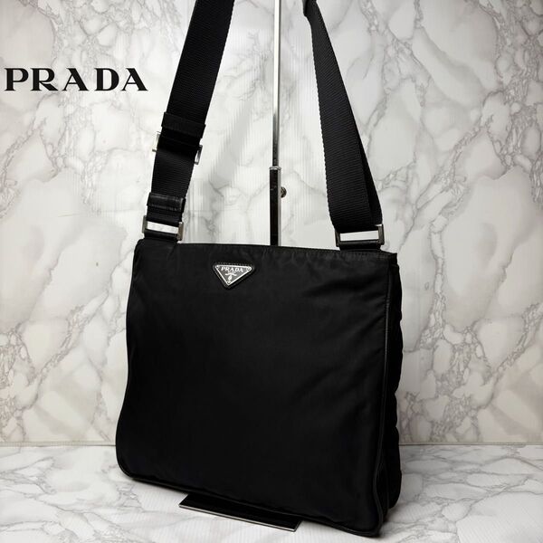 021 美品 PRADA プラダ ショルダーバッグ サコッシュ 斜め掛け 三角ロゴプレート 黒 テスートナイロン ブラック