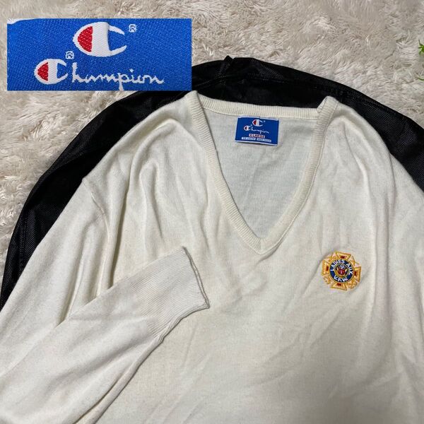 チャンピオン Champion 【XL】超美品 Vネック ニット セーター 大きいサイズ オーバーサイズ プルオーバー 白
